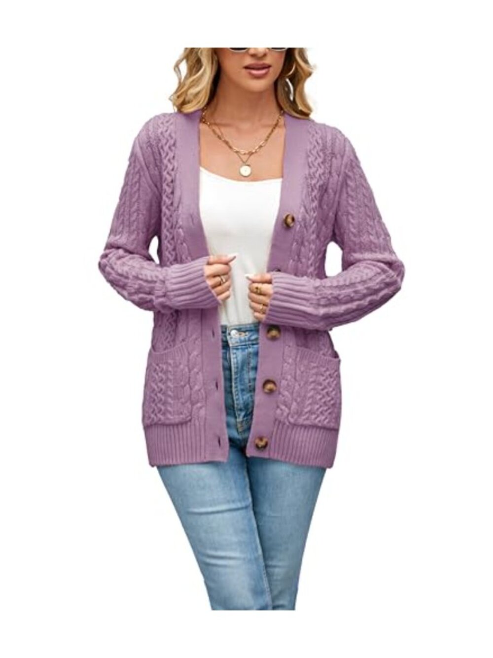 Womens Cable Knit Cardigan Chunky Open Front Button Down Sweater with Pockets